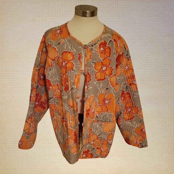 Daisy Print Quilted Cotton Reversible Jacket Topper Orange / Pink Womens Size XL - Picture 2 of 10